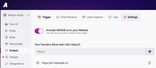 Add URL under embed tab to launch AI Agent on your website.